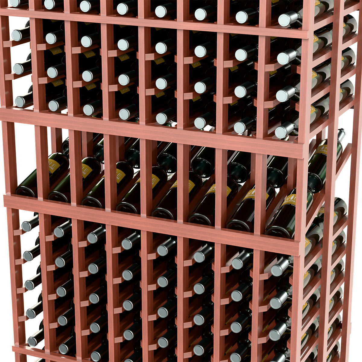 Brown wine bottle rack close-up with double-deep compartments and bottle necks