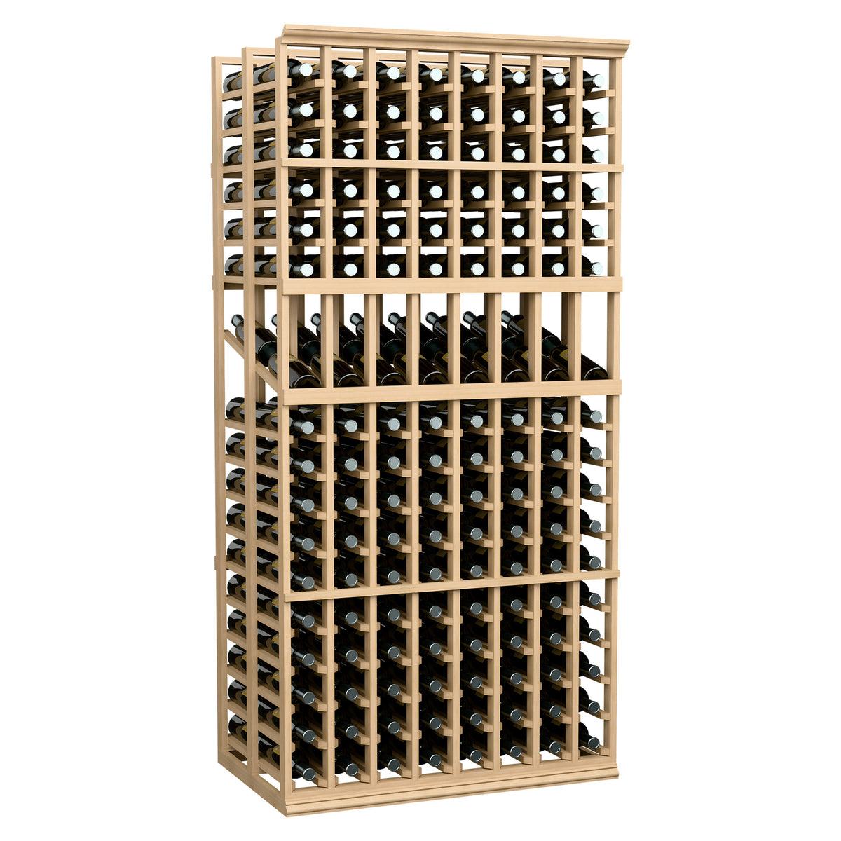 Light wood wine bottle display rack with double-deep slots and visible bottle necks
