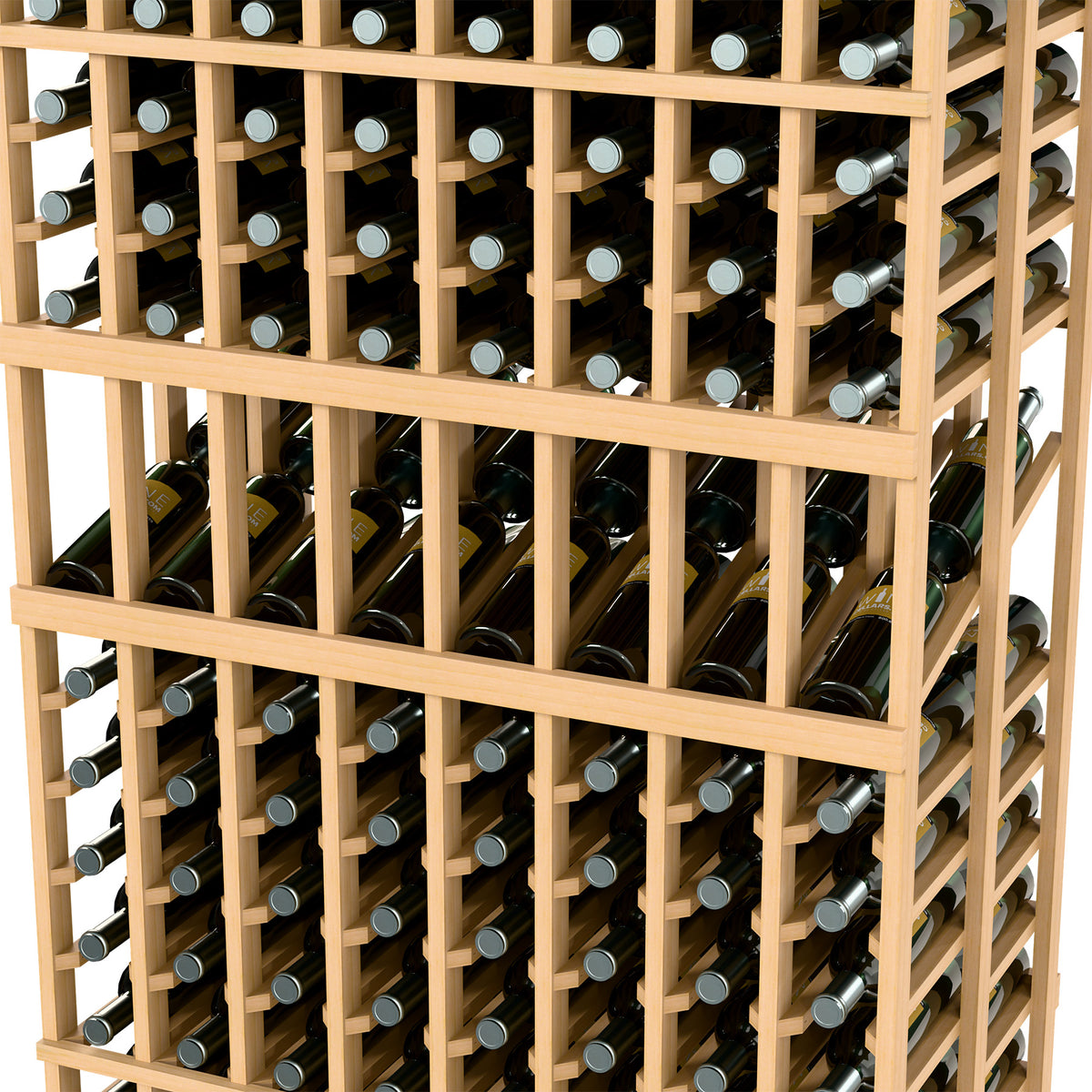 Light wood wine bottle rack close-up showing double-deep slots and bottle necks