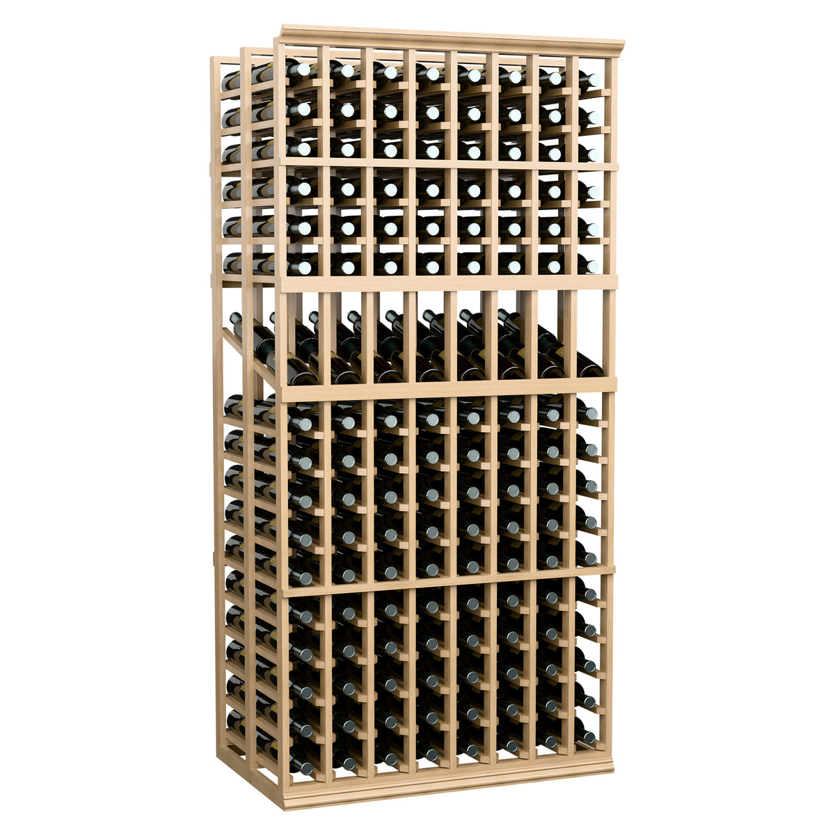 8-column double-deep wine bottle display rack, natural wood frame with bottle rows