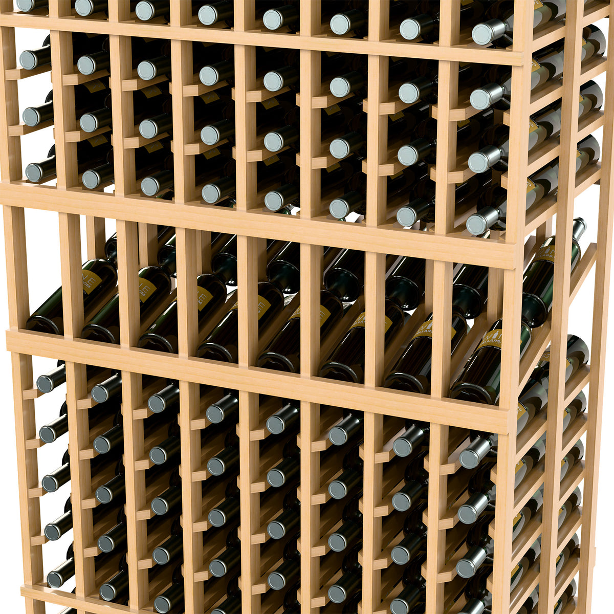 8-column double-deep wine rack close-up, natural wood dividers holding wine bottles