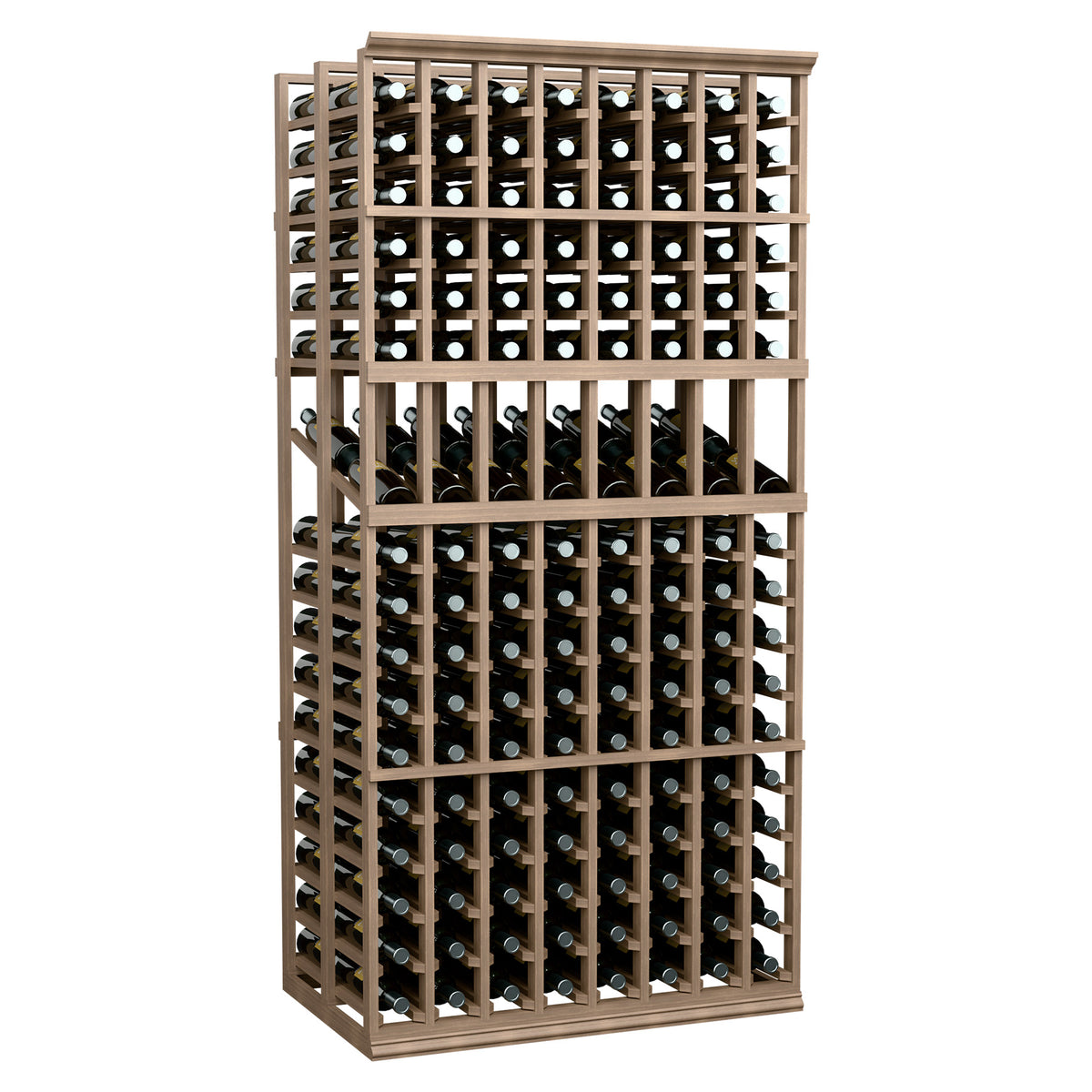 8-column double-deep wine bottle display rack, natural wood frame with front bottle slots