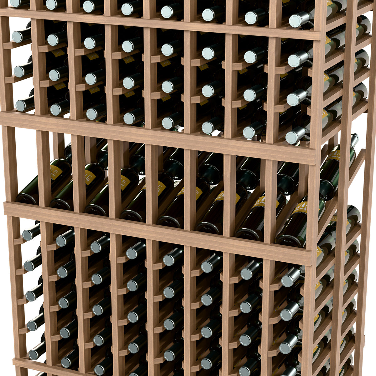 8-column double-deep wine rack close-up, natural wood grid holding capped wine bottles