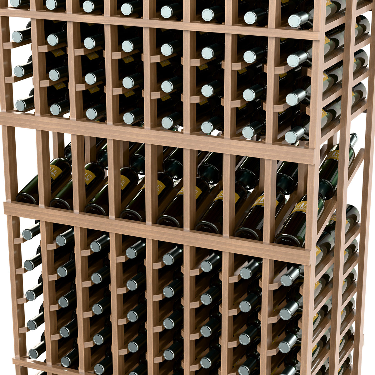8-column double-deep wine rack close-up, natural wood cubbies with wine bottle necks