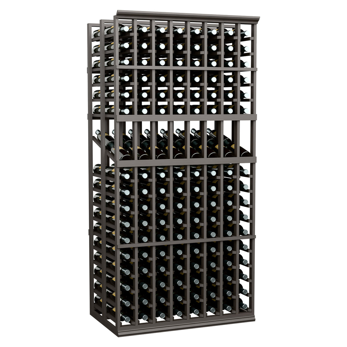 8-column double-deep wine bottle display rack, dark wood frame with bottle rows