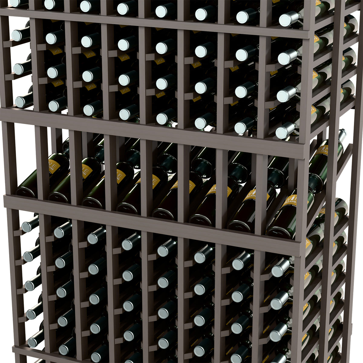 8-column double-deep wine rack close-up, dark wood dividers holding wine bottles