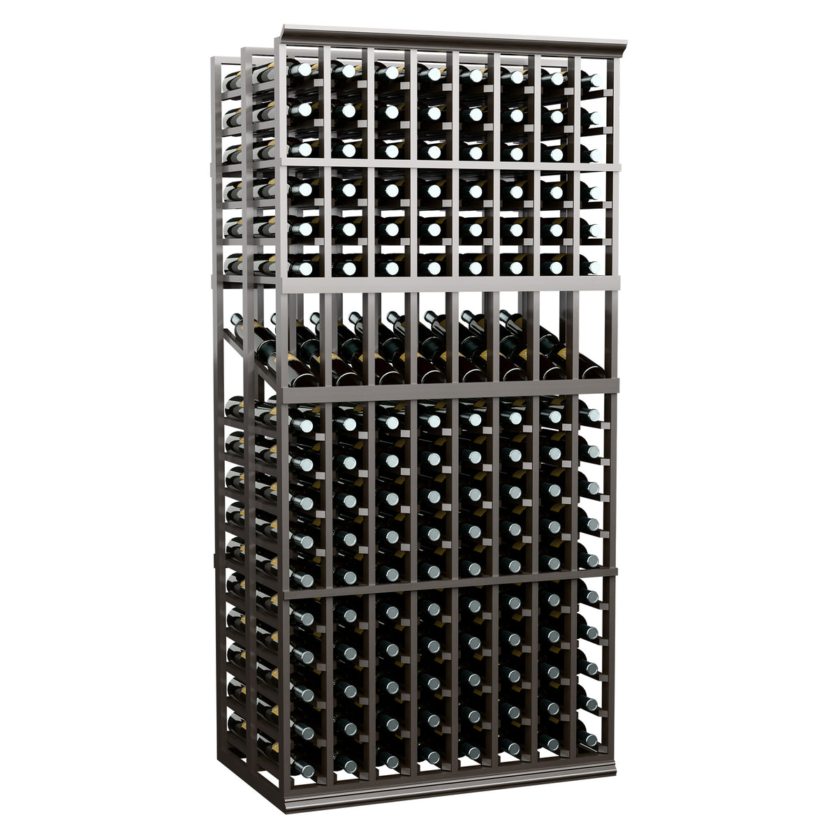 8-column double-deep wine bottle display rack, dark wood frame with front bottle slots