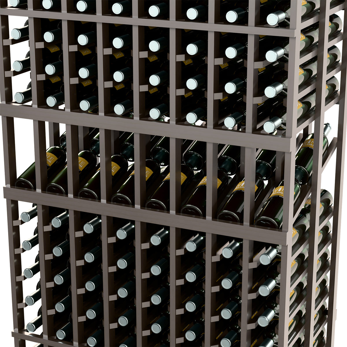 8-column double-deep wine rack close-up, dark wood grid holding capped wine bottles