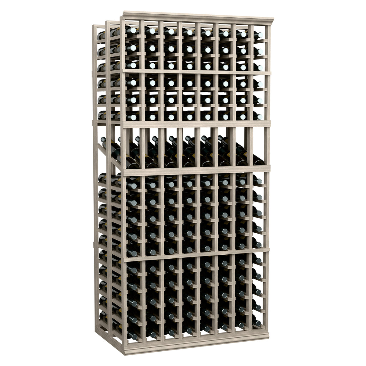 Wine bottle display rack with gray wood frame and stacked bottle cubbies