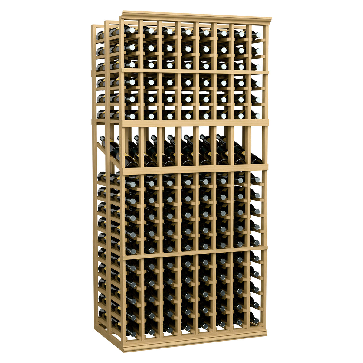 Wine bottle display rack with light wood frame and stacked bottle cubbies