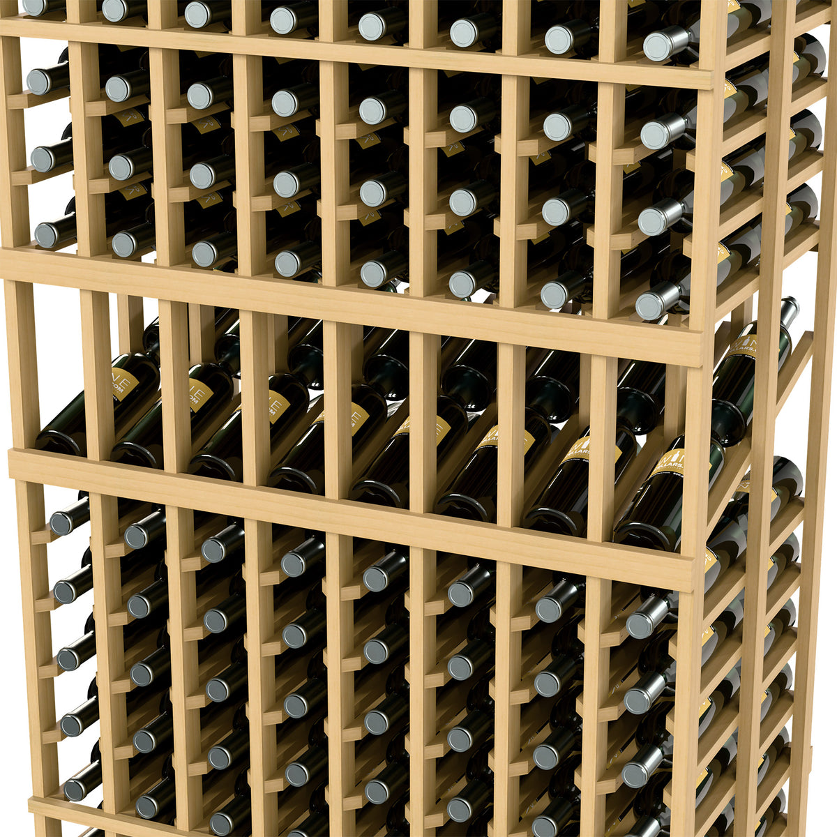 Wine bottle display rack close-up with light wood frame and upright bottle storage