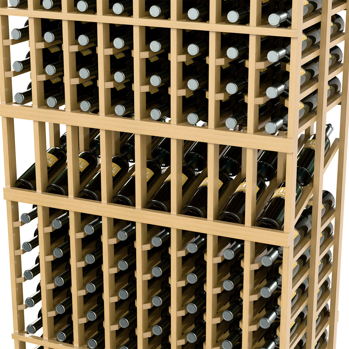 Wine bottle display rack close-up with pale wood frame and bottle holder slots