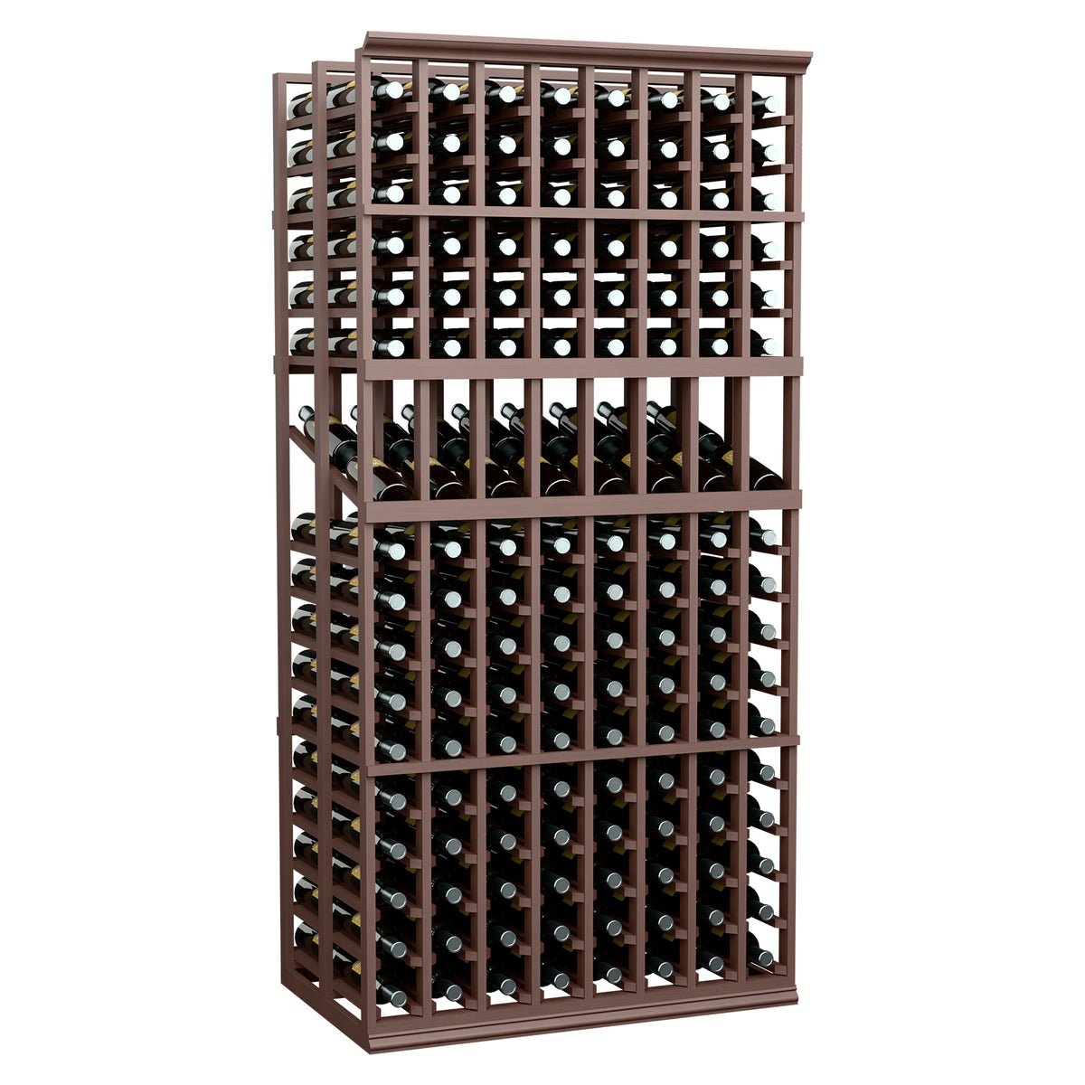 Wine bottle display rack with dark brown wood frame and stacked bottle cubbies