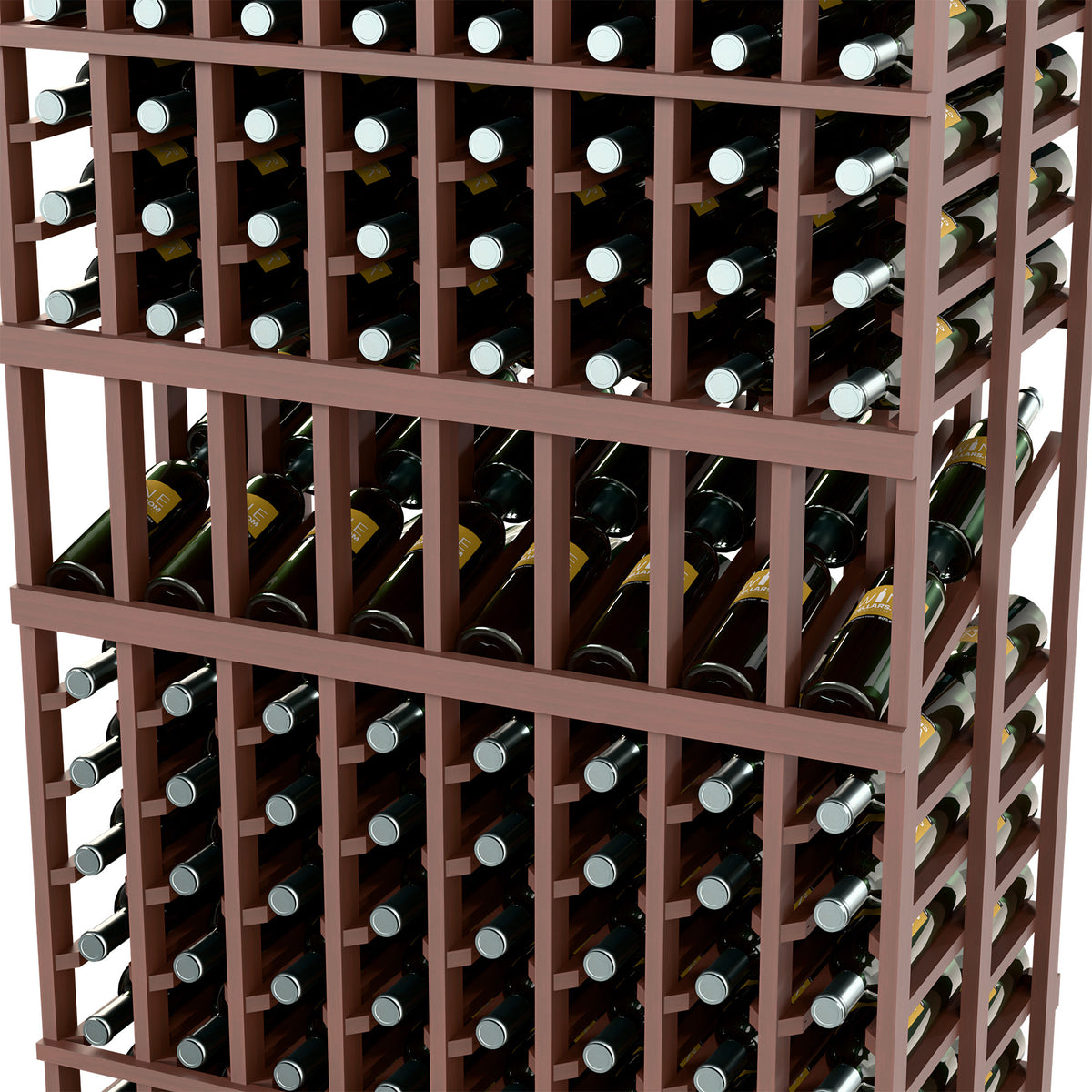 Wine bottle display rack close-up with dark brown frame and upright bottle storage