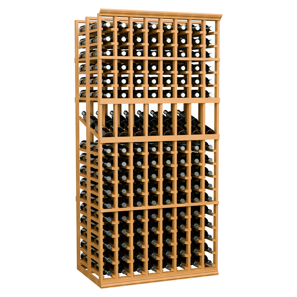 Wood wine display rack, 8-column double-deep, front view with bottle slots