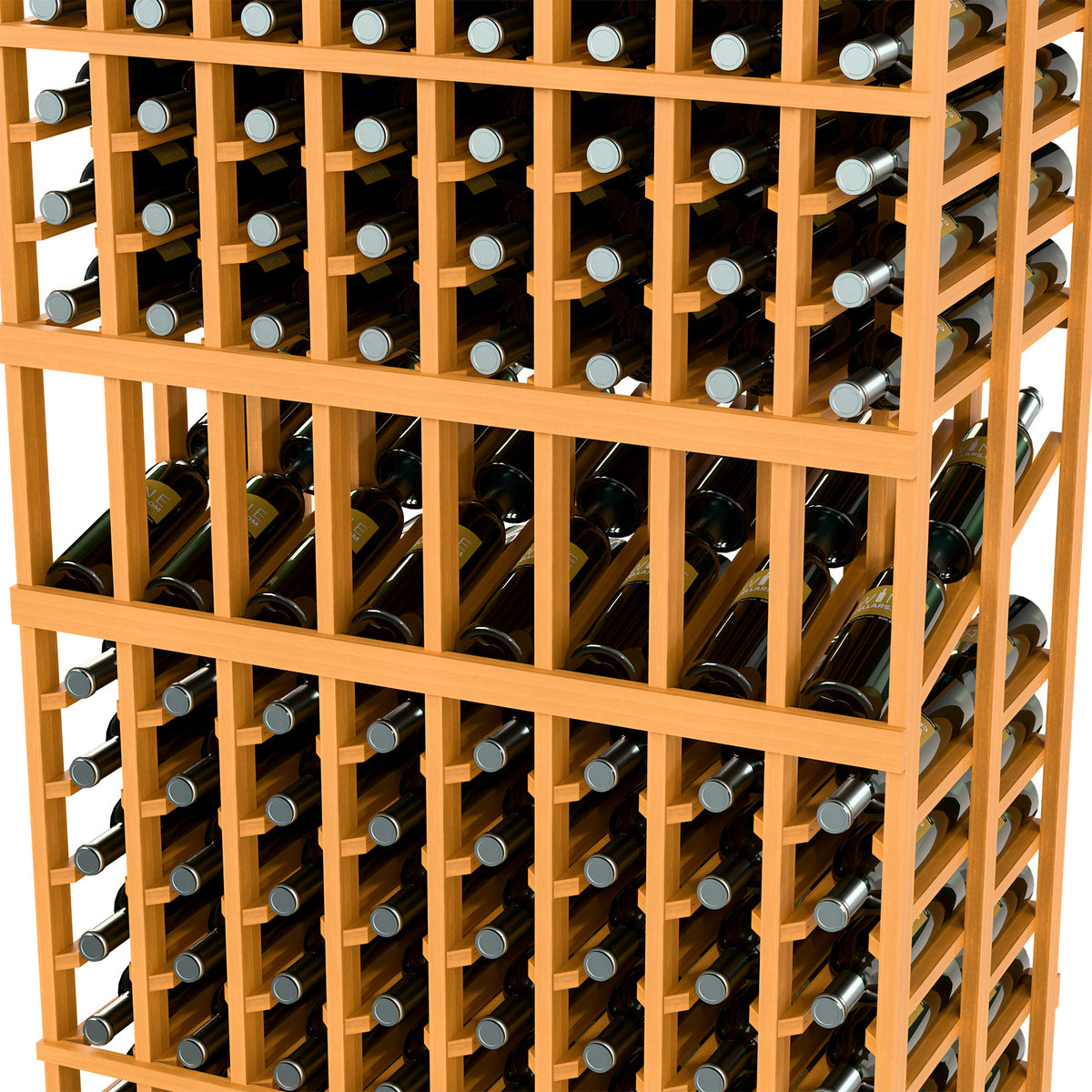 Wood wine display rack, 8-column double-deep, angled view of bottle rows