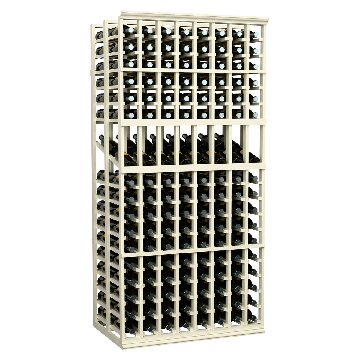 Wood wine display rack, 8-column double-deep, front view with bottle slots
