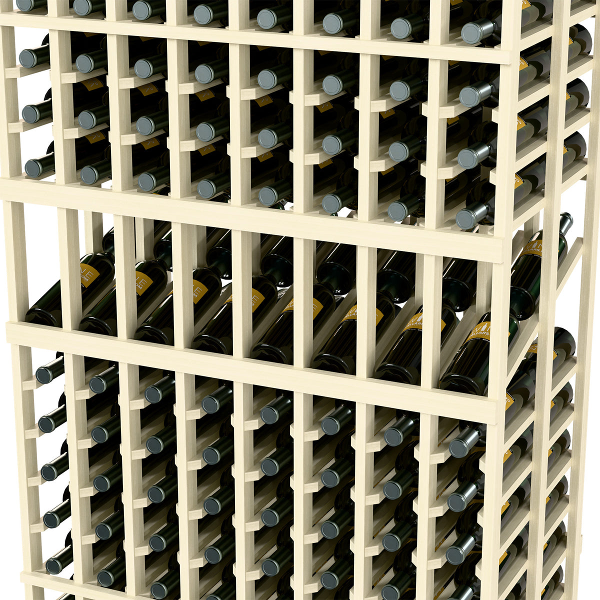 Wood wine display rack, 8-column double-deep, close-up of bottle compartments