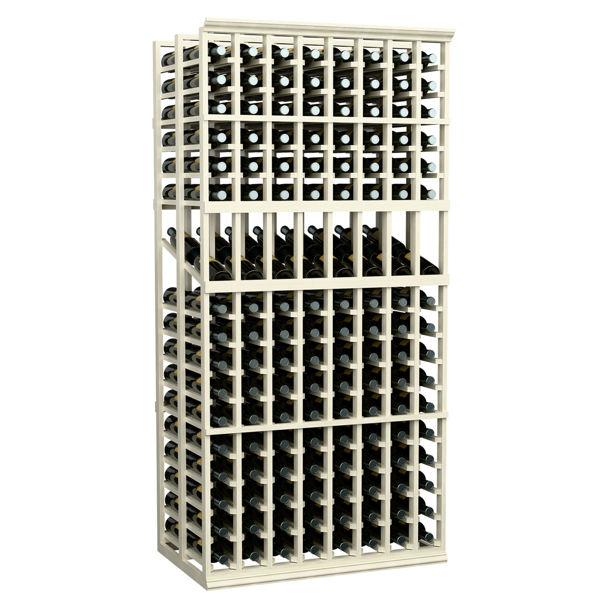 Wood wine display rack, 8-column double-deep, front view of bottle-filled slots