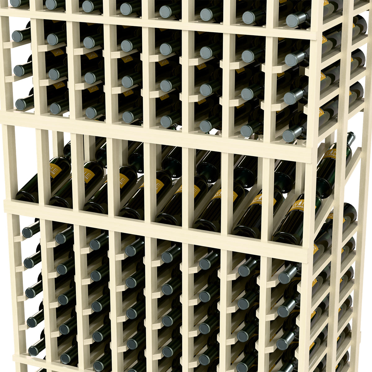 Wood wine display rack, 8-column double-deep, close-up of wine bottle rows