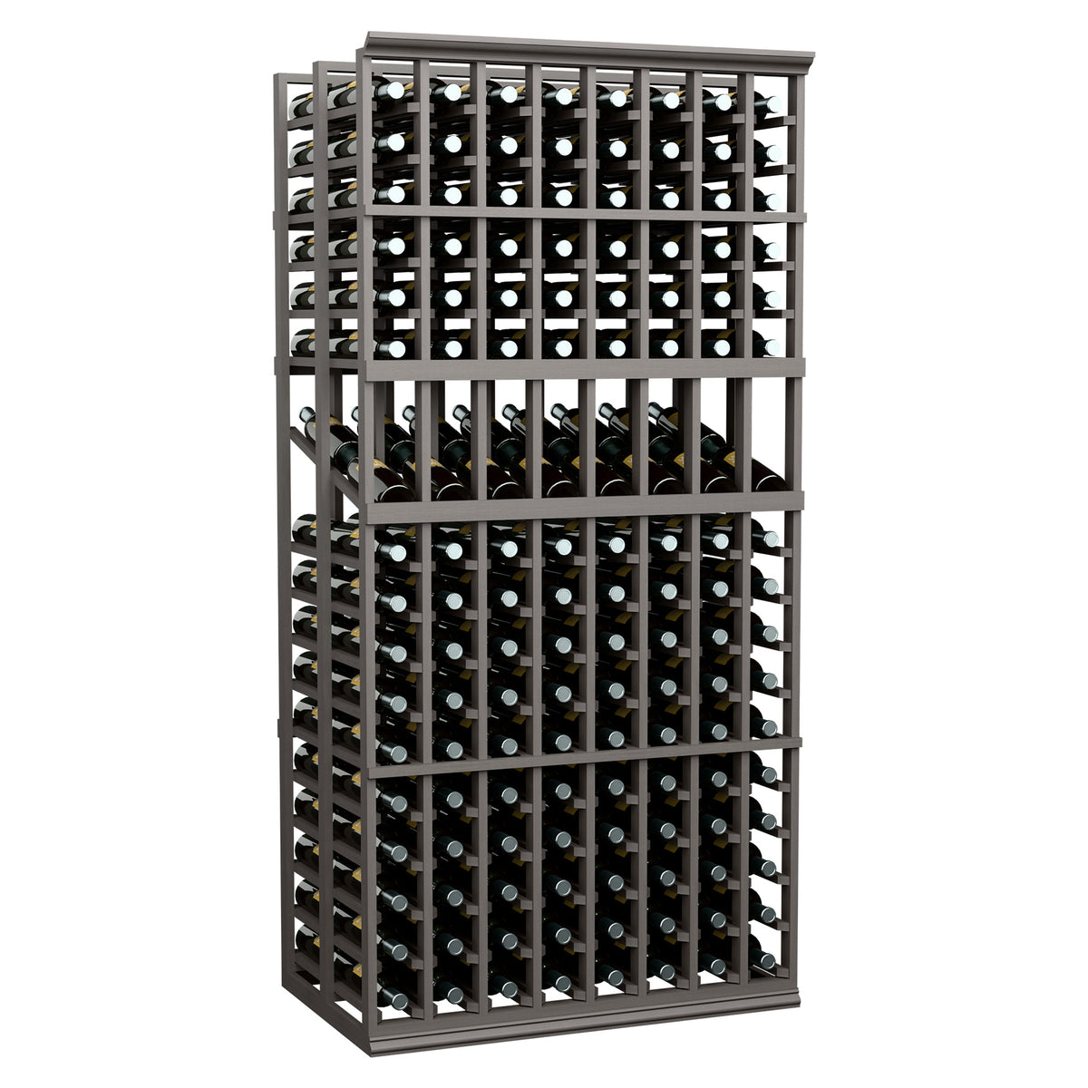 Dark wood 8-column double deep wine display rack with rows of standing bottles