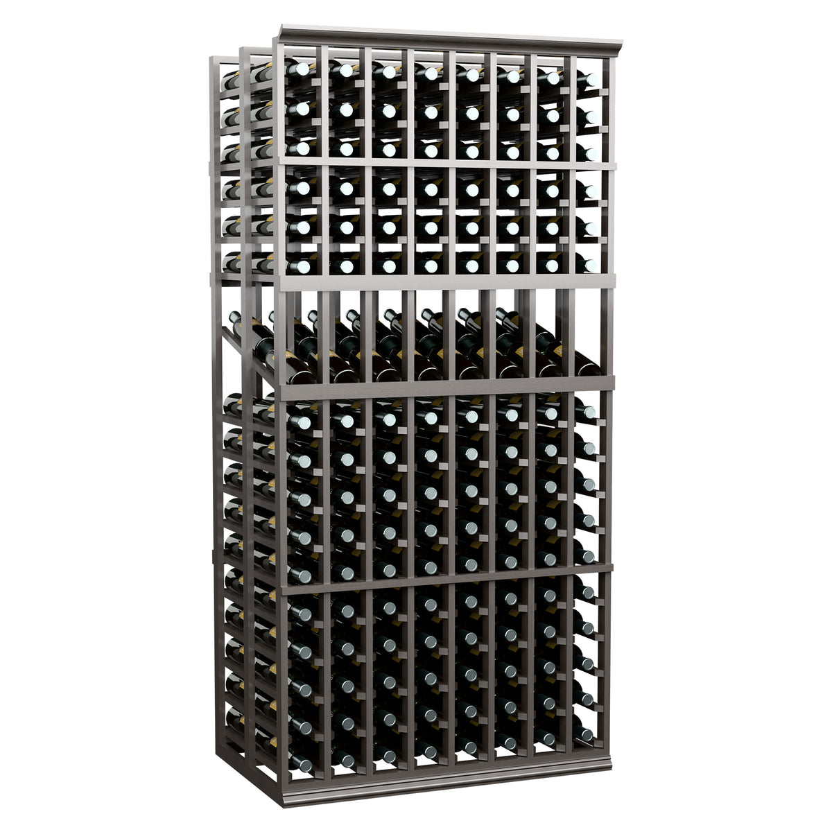 Dark wood double deep wine rack standing with multiple bottle rows and grid frame