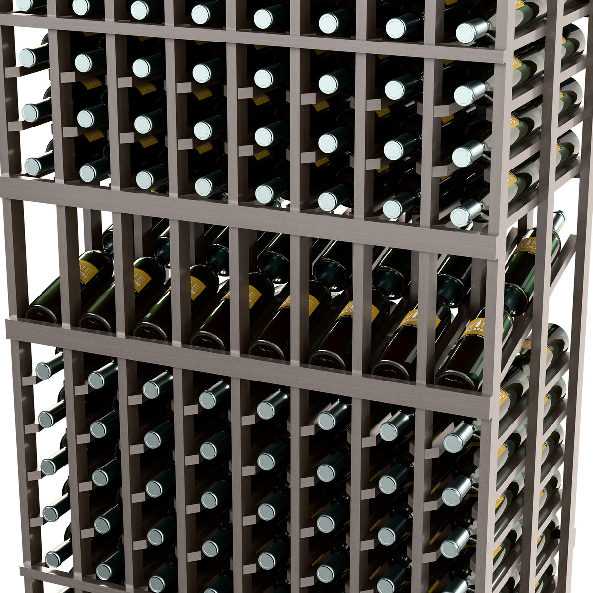 Side view of dark wine rack showing bottle cradles and stacked rows inside
