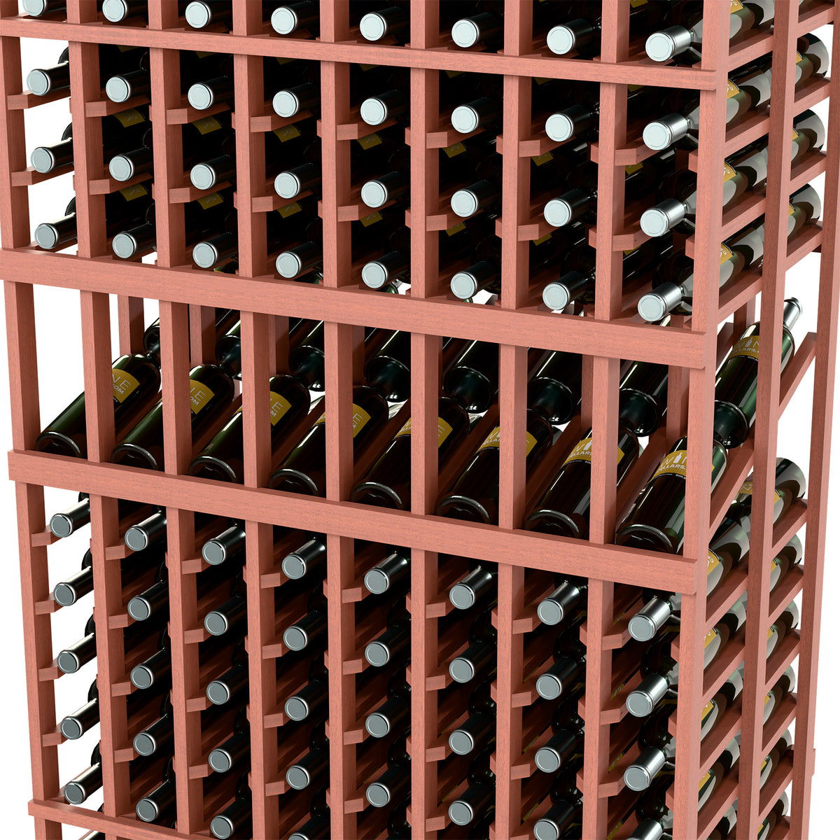 Close-up of red-brown wine rack with bottle holders and stacked circular bottle tops