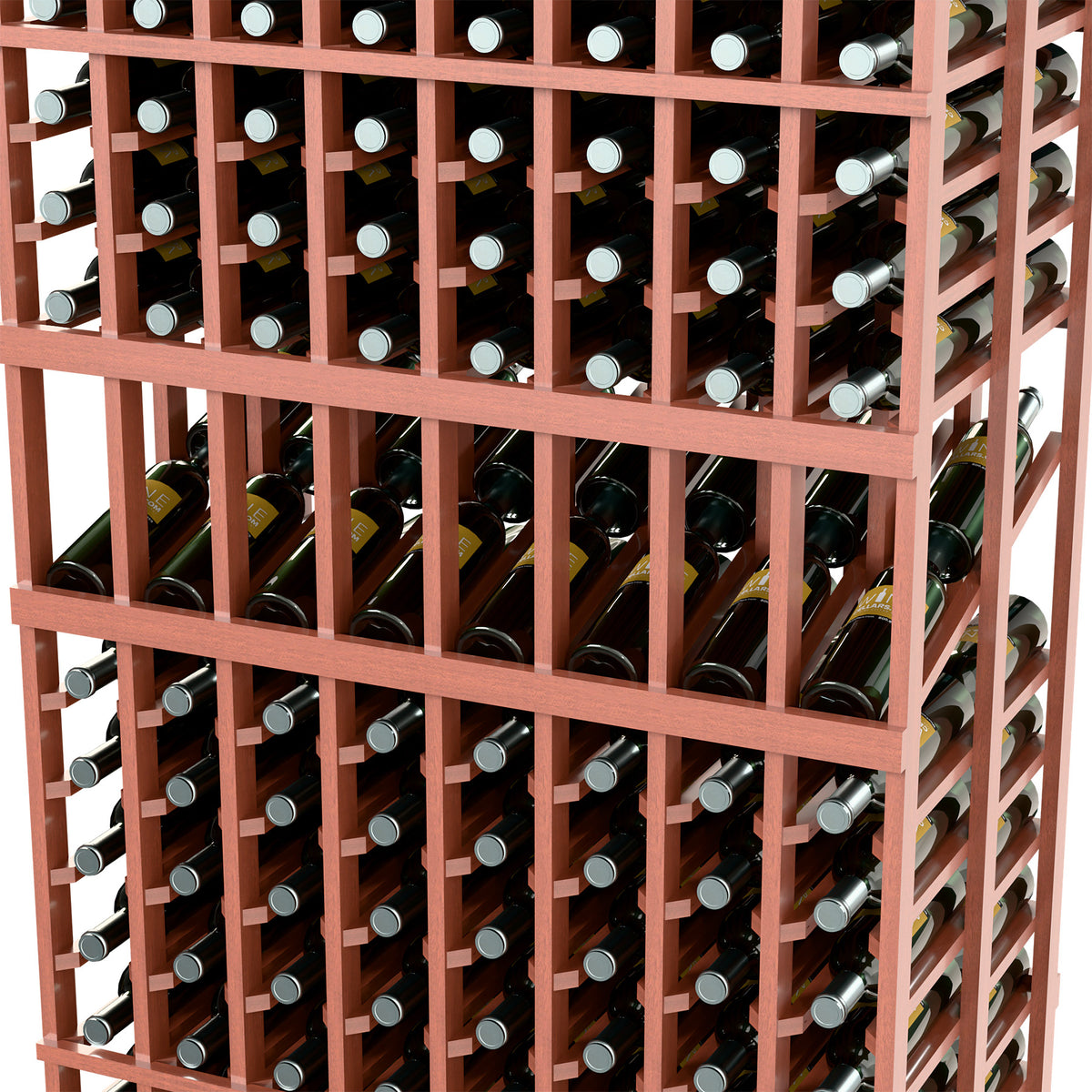 Side close-up of red-brown wine rack with slotted cradles and bottle necks