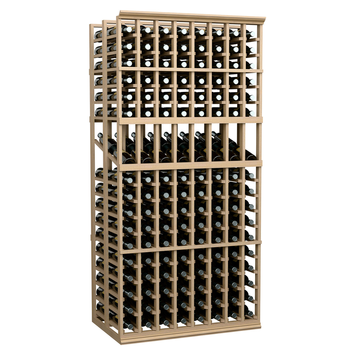 Light wood 8-column double deep wine display rack with standing bottles in rows