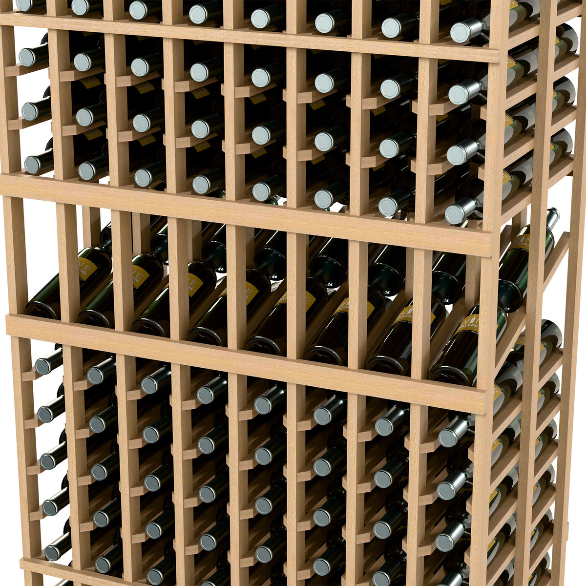 Close-up of light wood wine rack showing bottle holders and stacked bottle rows