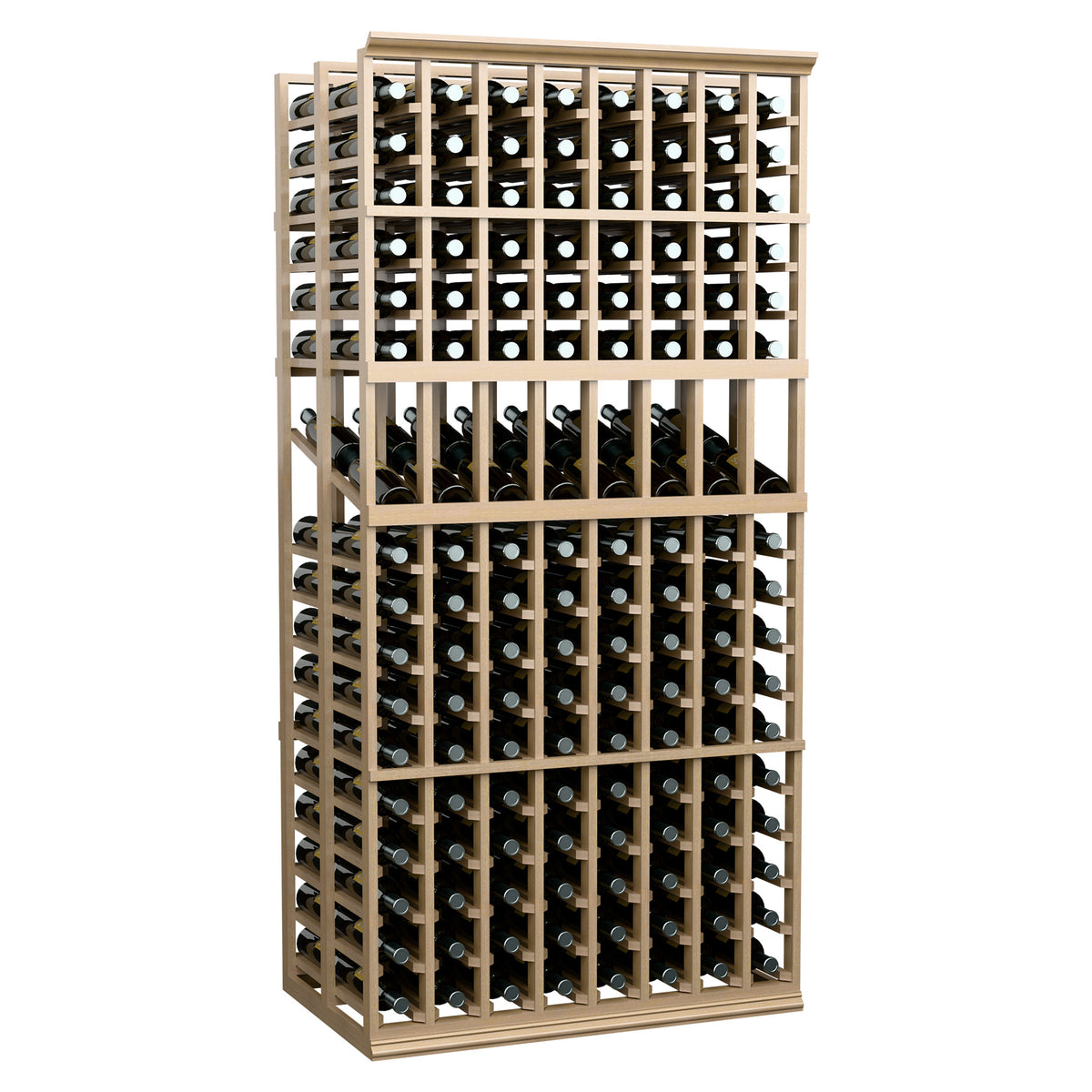 Wood wine bottle display rack with open grid shelves and bottle neck holders