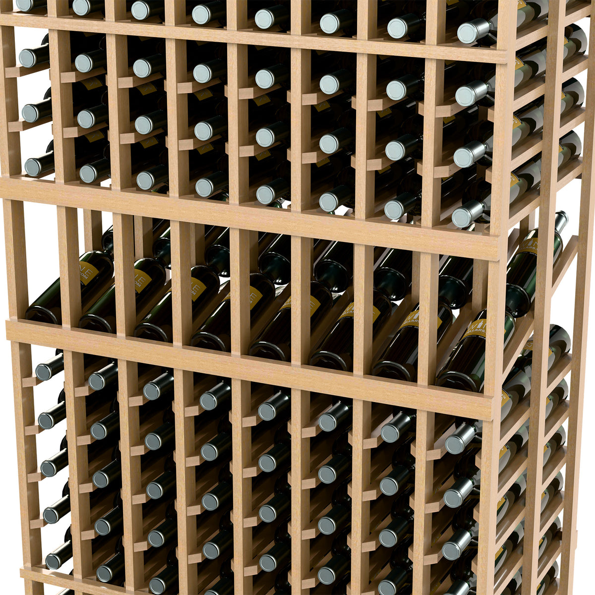 Close-up of wood wine rack grid showing bottle slots and metal cap details