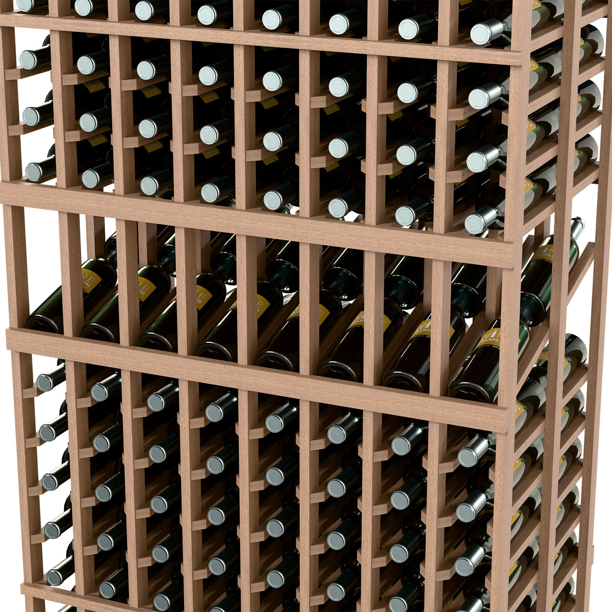 Angled view of wood wine rack showing bottle slots across multiple columns