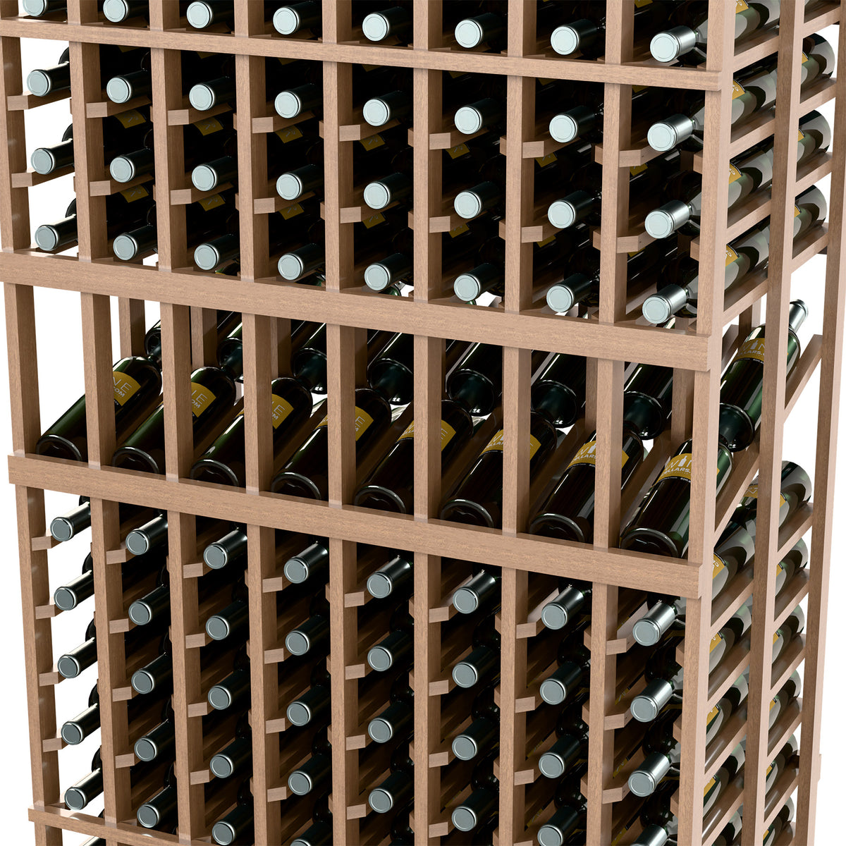 Close-up of wood wine rack with stacked bottle rows and circular bottle caps