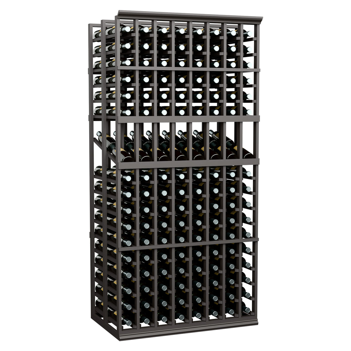 Dark wood wine bottle display rack with double-deep bottle storage in grid