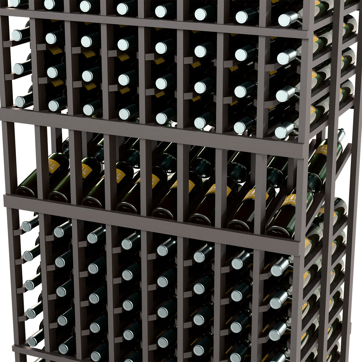 Close-up of dark wine rack showing bottle slots, bottle neck holders, and caps
