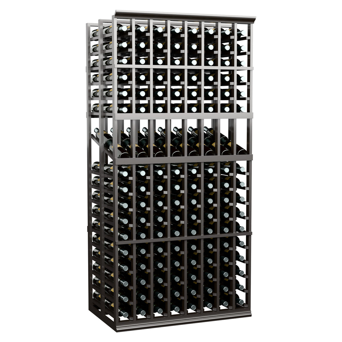Front view of dark wood wine bottle display rack with open grid for bottles