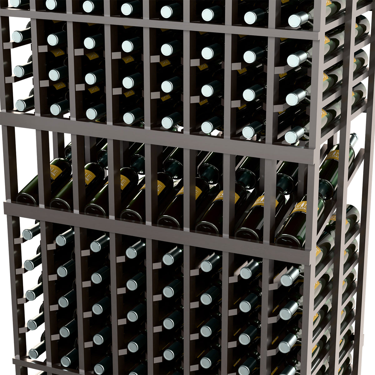 Angled close-up of dark wood wine rack with multiple bottle rows in cells