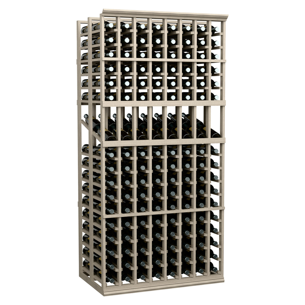 Wine display rack, dark wood, holds many bottles in grid compartments