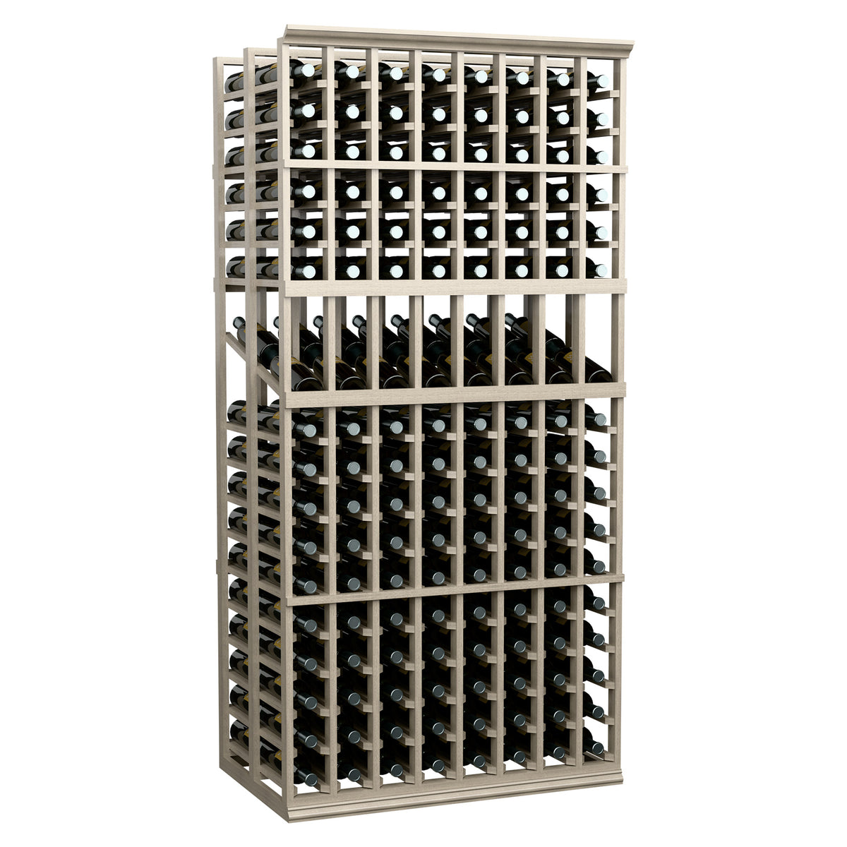 Wine display rack, dark frame with two tiers of bottle slots, front view