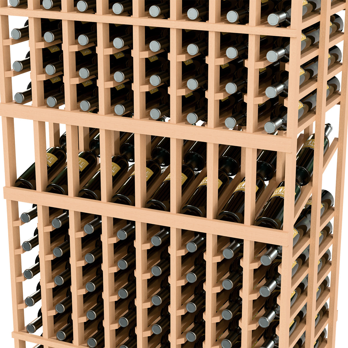 Wine rack close-up: light wooden grid holding wine bottles and caps