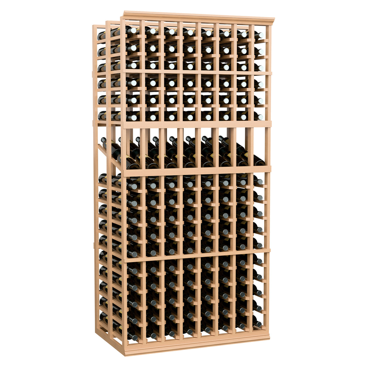Wine display rack, light frame with two rows of bottle slots, front view