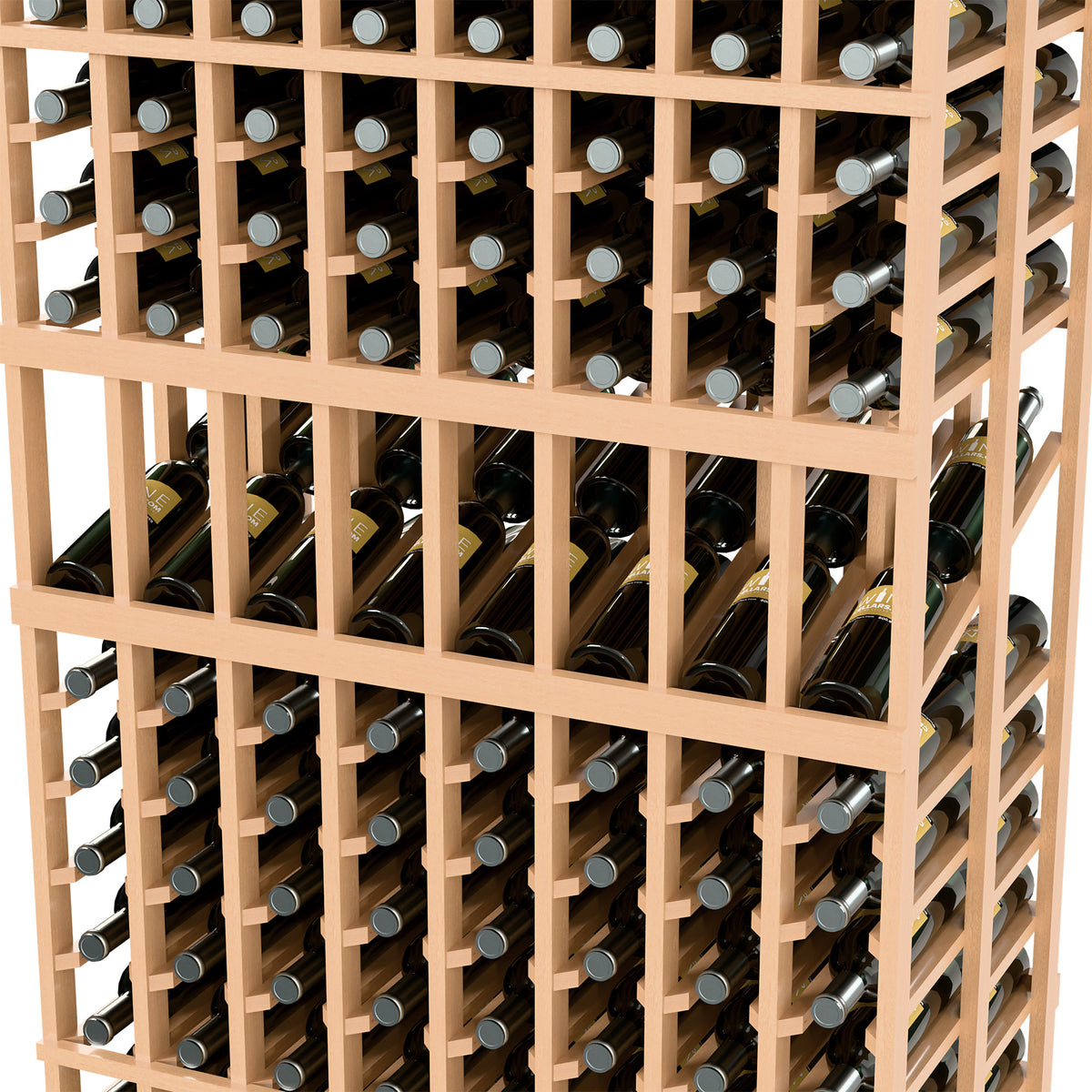 Wine rack close-up: light wooden dividers with bottle necks in rows