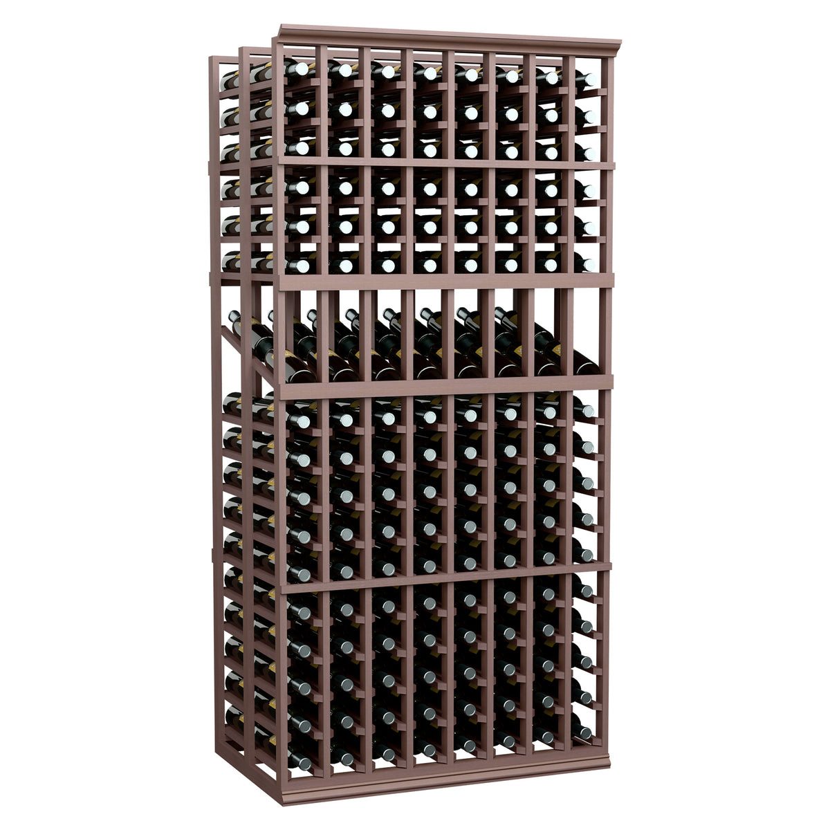 Wine display rack, dark frame with bottle slots in a tall double-deep layout