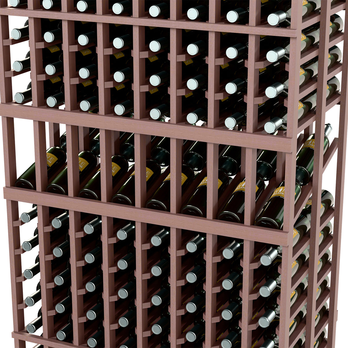 Wine rack close-up: dark wooden grid with wine bottles in evenly spaced rows