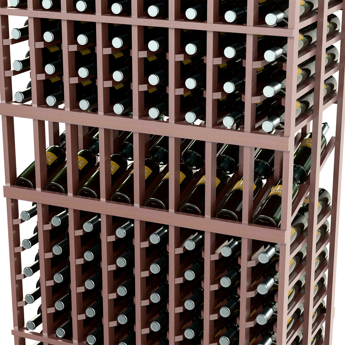 Close-up of dark wood wine rack with 8 columns and glass bottle compartments