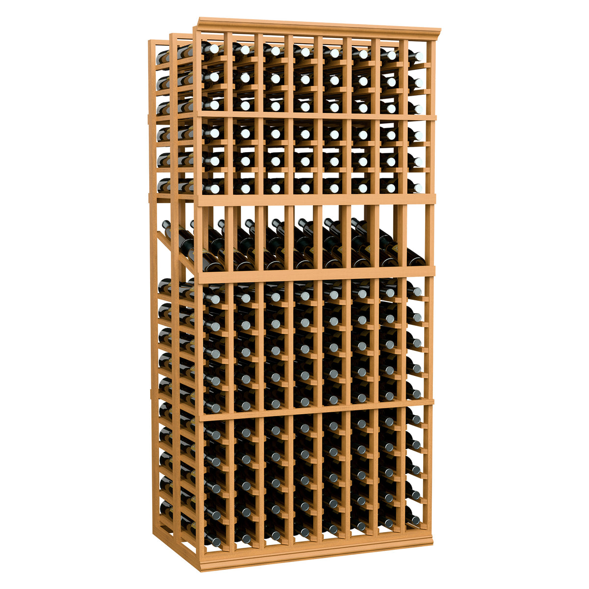 Double-deep 8-column wine display rack with light wood frame and bottle slots