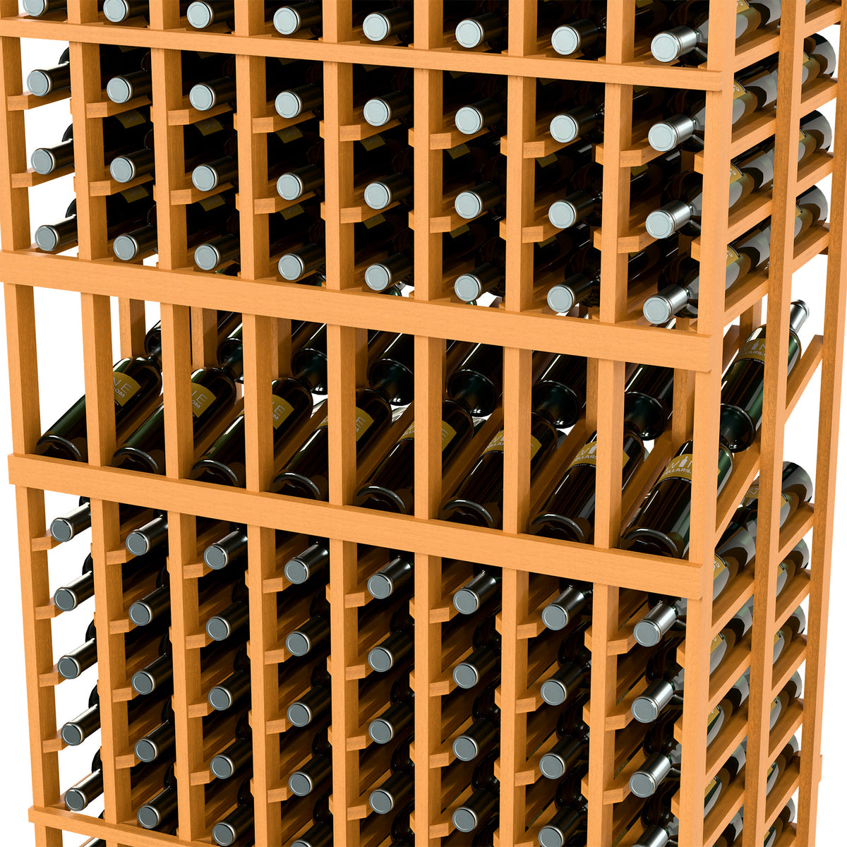Close-up of light wood wine rack showing 8 columns and bottle compartments