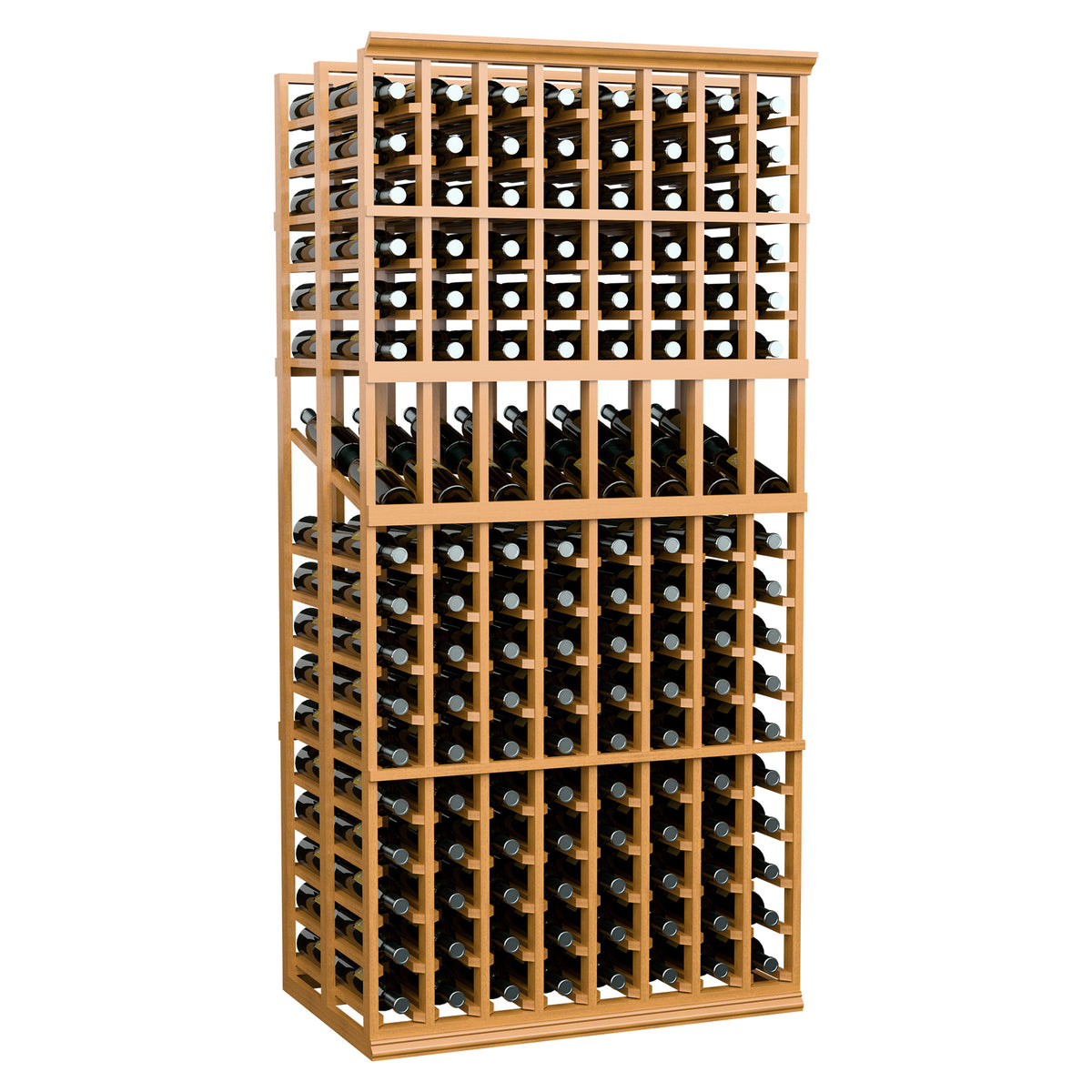 Double-deep 8-column wine display rack with natural wood finish and bottle slots